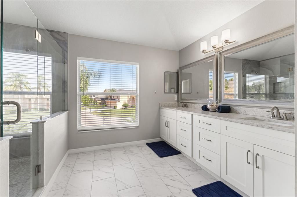 Bathroom, Dual Sink Vanities, Glass Shower, Interior, Marble