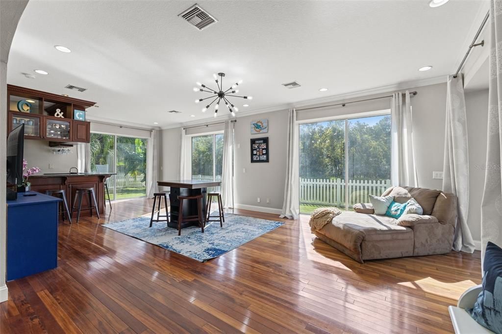 Dining room, Interior, Pendant Lights, Recessed Lighting, Wood Texture Flooring