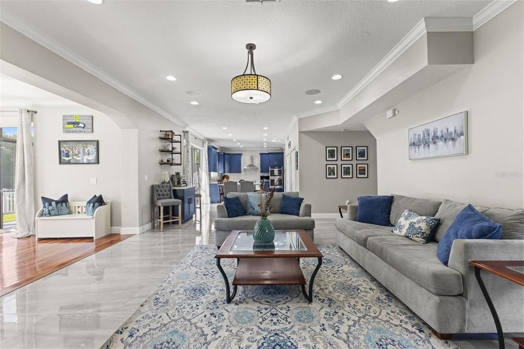 Interior, Kitchen, Living room, Pendant Lights, Recessed Lighting, Wood Texture Flooring