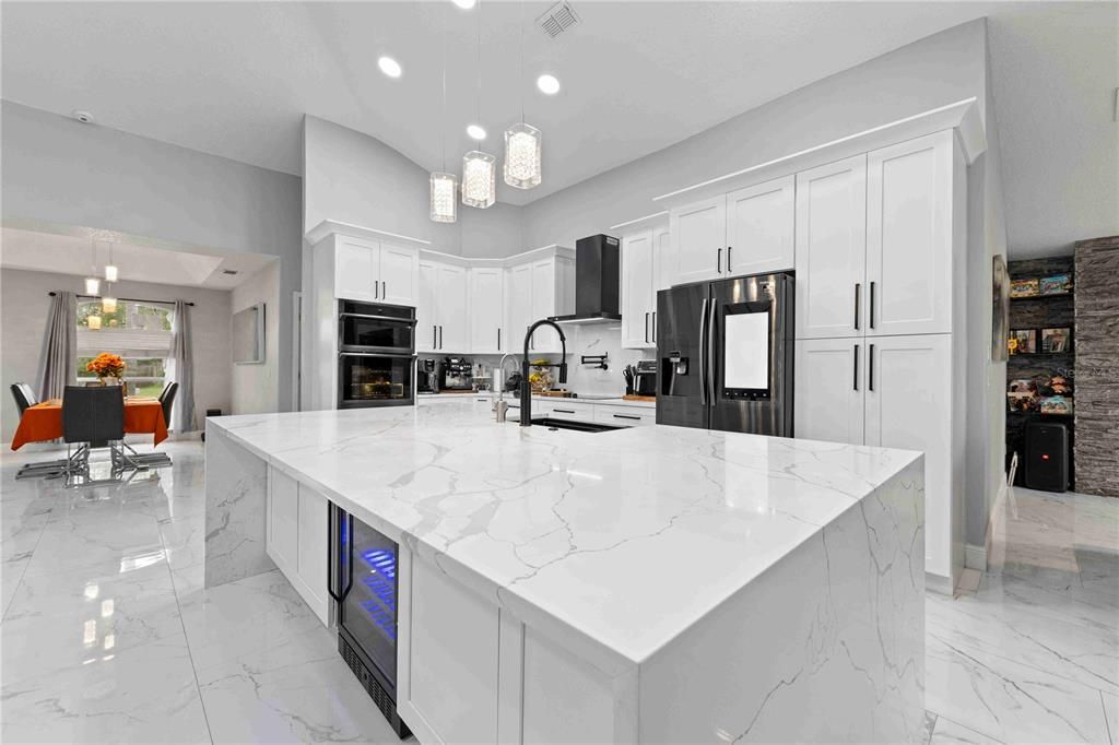 Dining room, Interior, Kitchen, Marble, Pendant Lights, Recessed Lighting, Stainless Steel Appliances