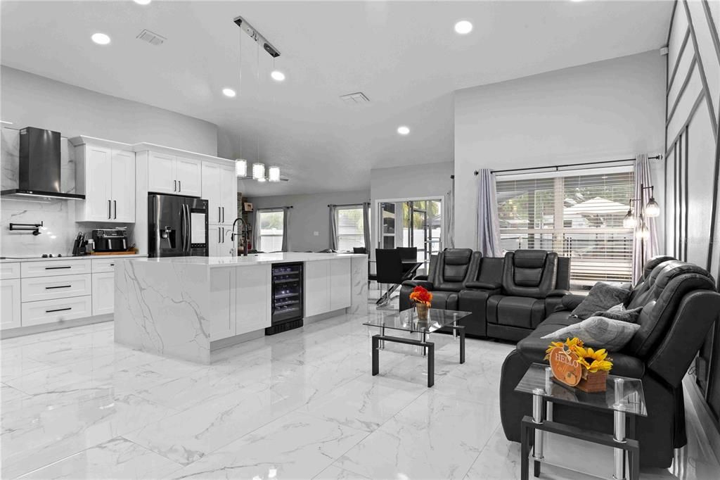 Interior, Kitchen, Living room, Marble, Recessed Lighting, Stainless Steel Appliances