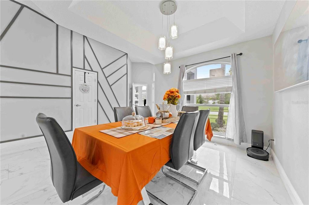 Dining room, Interior, Marble, Pendant Lights