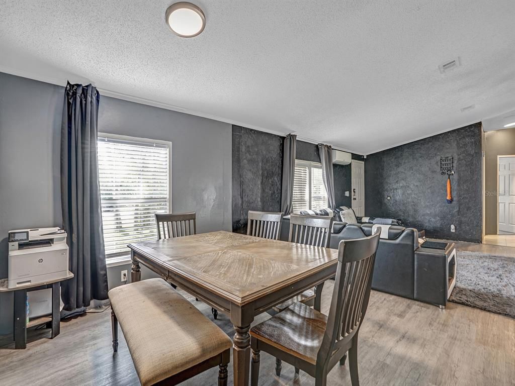 Dining room, Interior, Living room, Recessed Lighting, Wood Texture Flooring