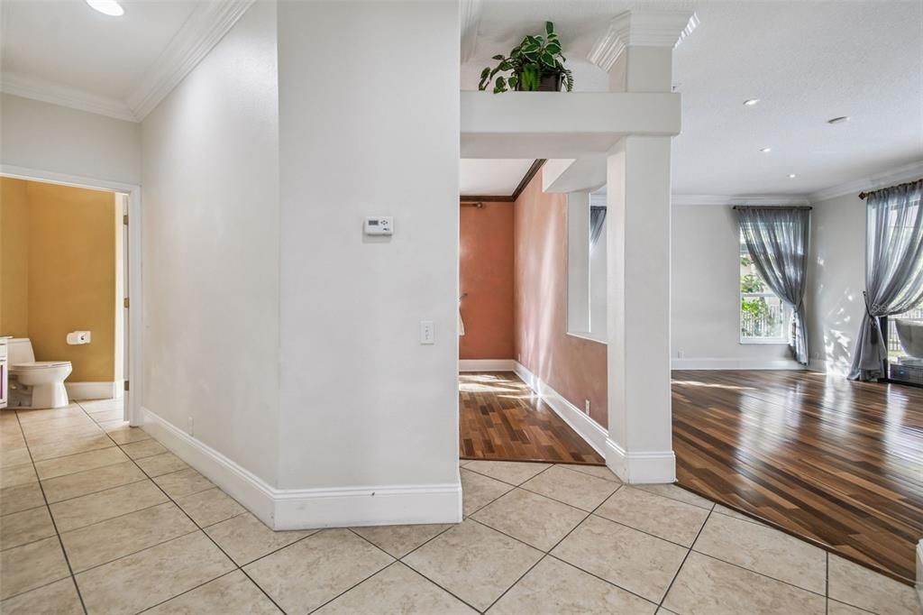 Empty room, Fireplace, Interior, Recessed Lighting, Wood Texture Flooring