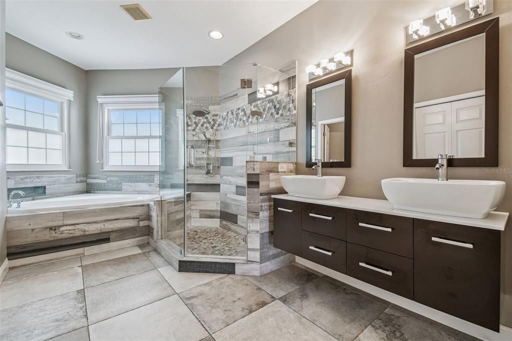 Bathroom, Dual Sink Vanities, Glass Shower, Interior, Recessed Lighting