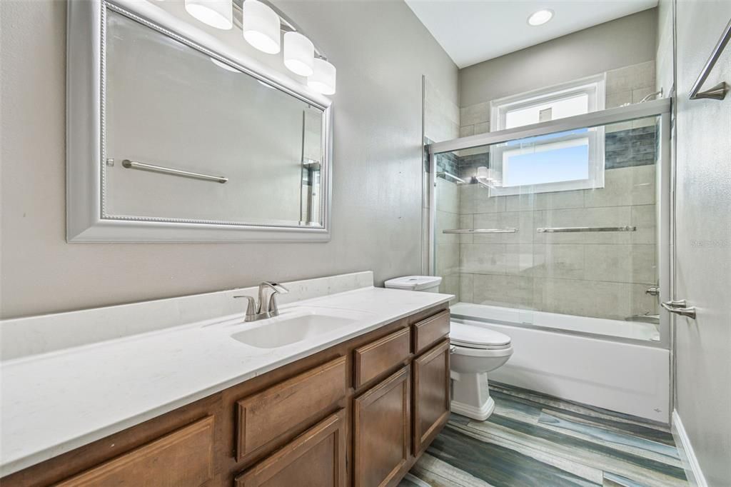 Bathroom, Glass Shower, Interior, Recessed Lighting, Wood Texture Flooring