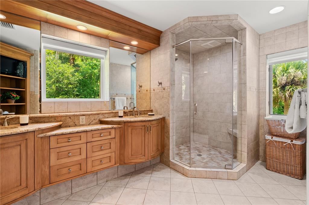 Bathroom, Dual Sink Vanities, Glass Shower, Interior, Recessed Lighting