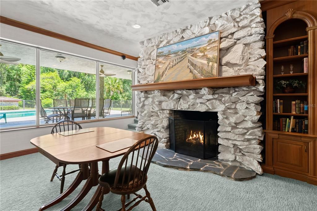 Dining room, Fireplace, Interior, Recessed Lighting, Stone Walls