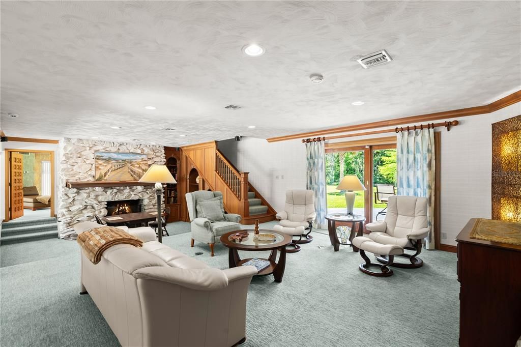 Fireplace, Interior, Living room, Recessed Lighting, Stone Walls