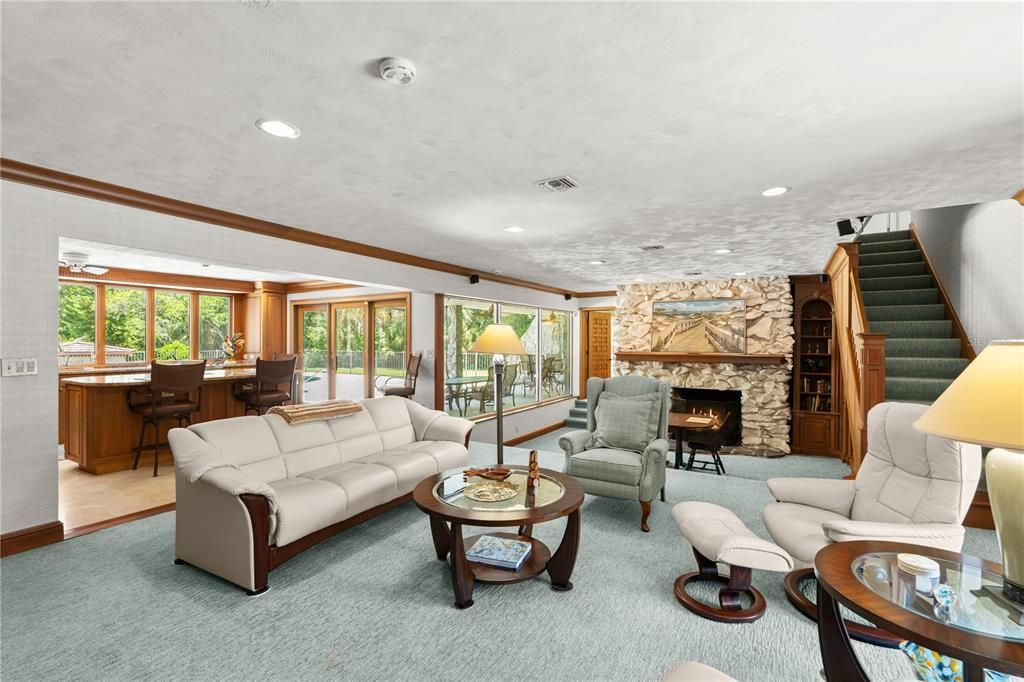 Dining room, Fireplace, Interior, Living room, Recessed Lighting, Stone Walls