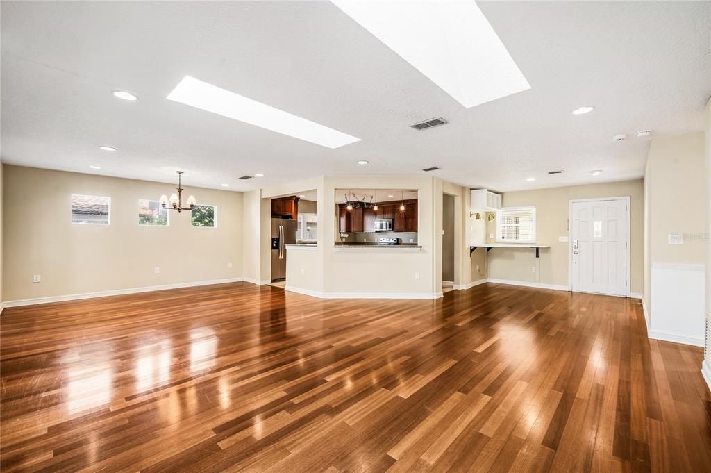 Empty room, Interior, Pendant Lights, Recessed Lighting, Wood Texture Flooring