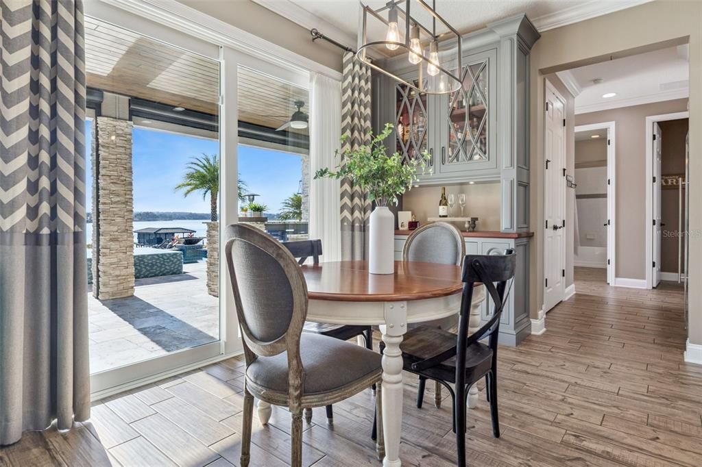 Dining room, Interior, Pendant Lights, Recessed Lighting, Water, Wood Texture Flooring