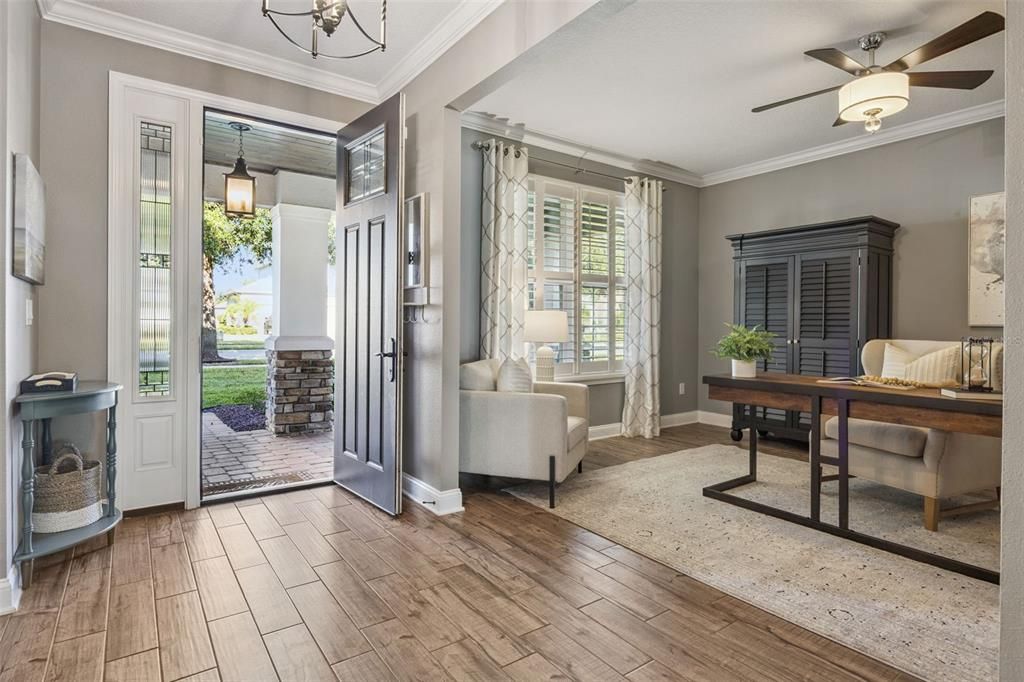 Home Office, Interior, Pendant Lights, Wood Texture Flooring