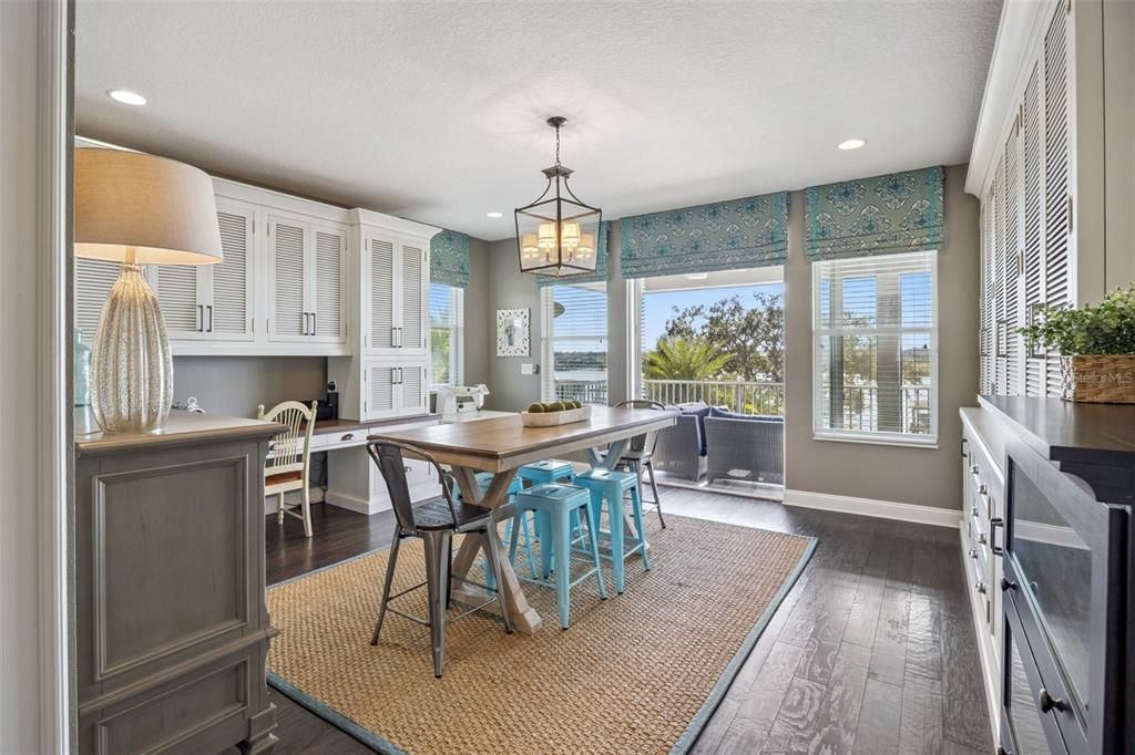 Dining room, Interior, Pendant Lights, Recessed Lighting, Wood Texture Flooring