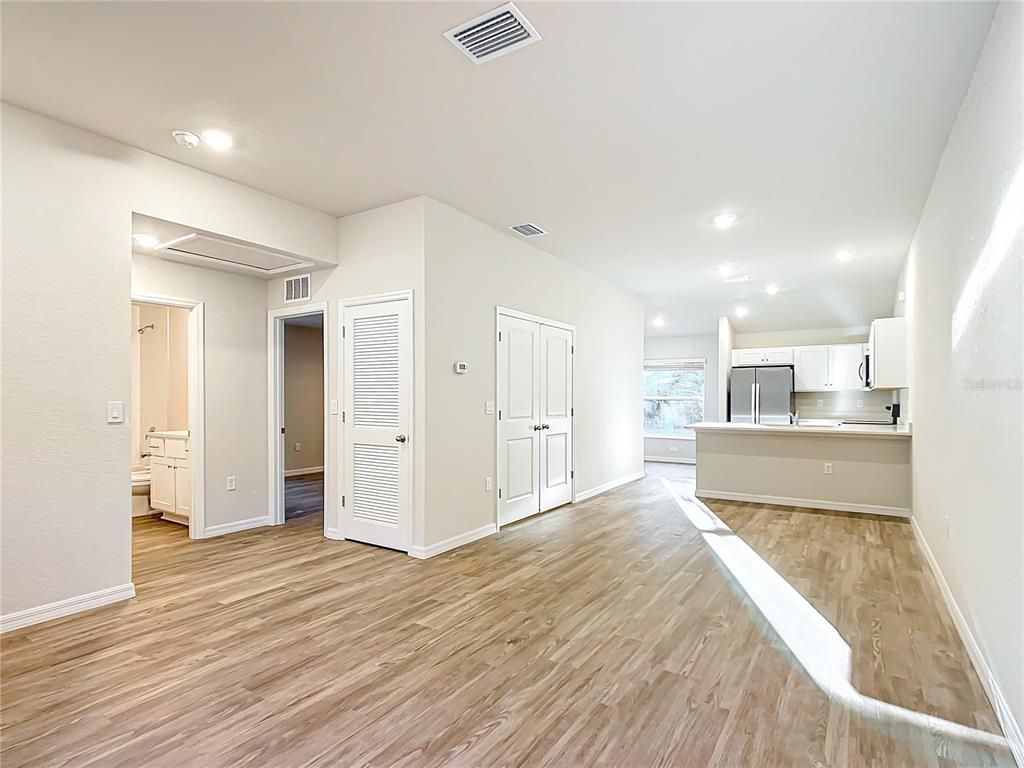 Empty room, Interior, Kitchen, Recessed Lighting, Wood Texture Flooring