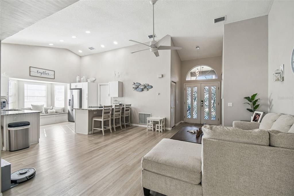 Dining room, Interior, Kitchen, Living room, Pendant Lights, Recessed Lighting, Wood Texture Flooring