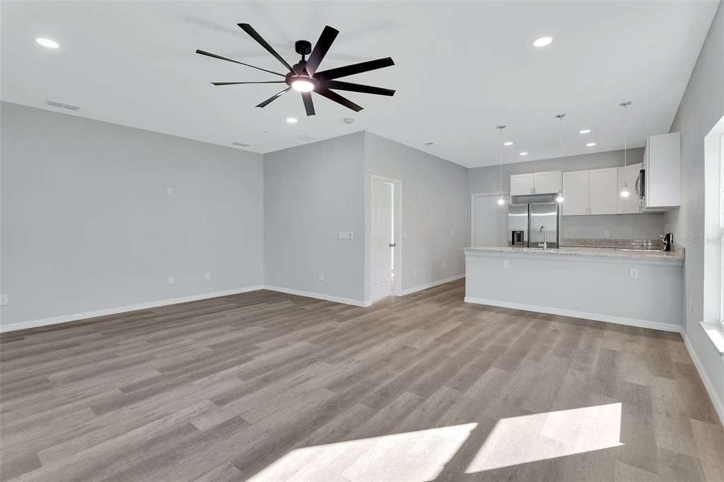 Empty room, Interior, Kitchen, Pendant Lights, Recessed Lighting, Wood Texture Flooring