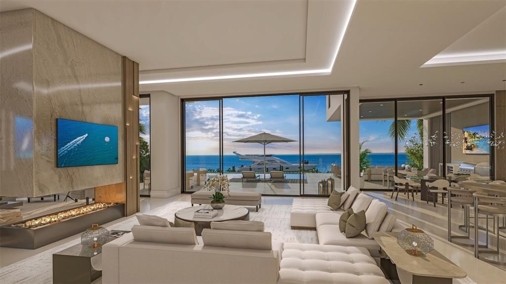 Dining room, Fireplace, Interior, Living room, Recessed Lighting, Water