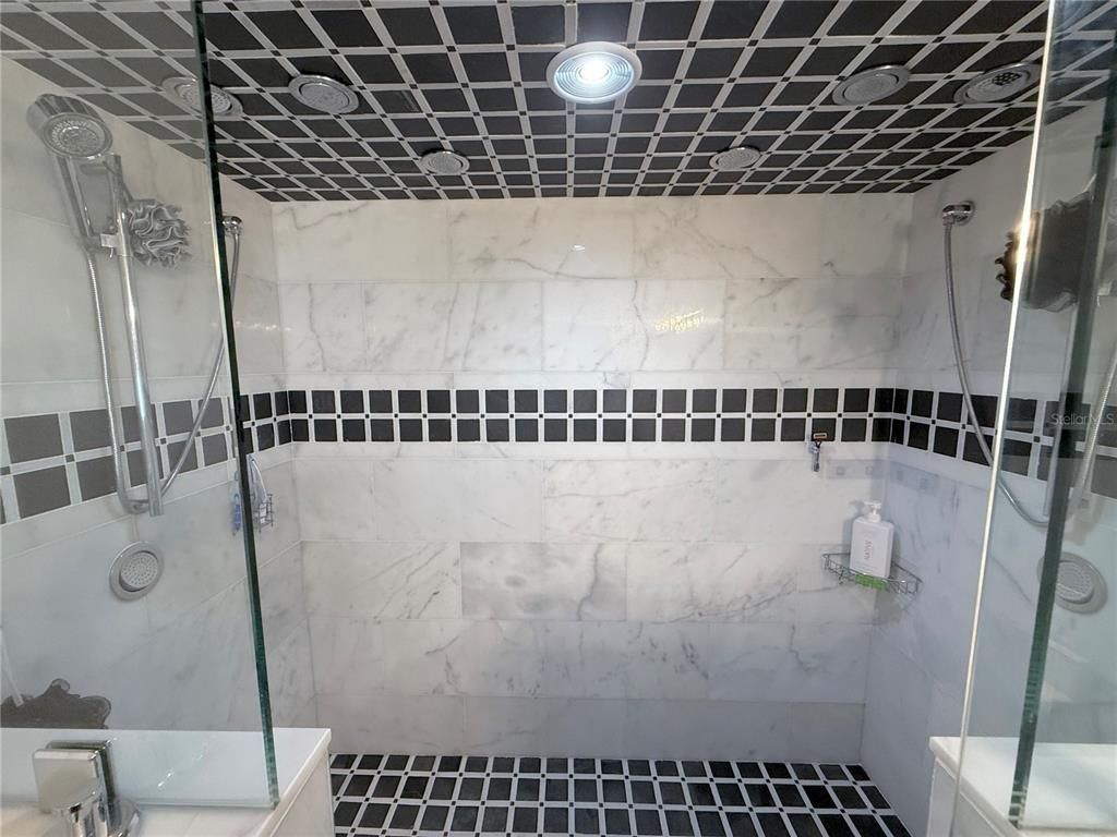 Bathroom, Glass Shower, Interior, Marble Walls, Recessed Lighting