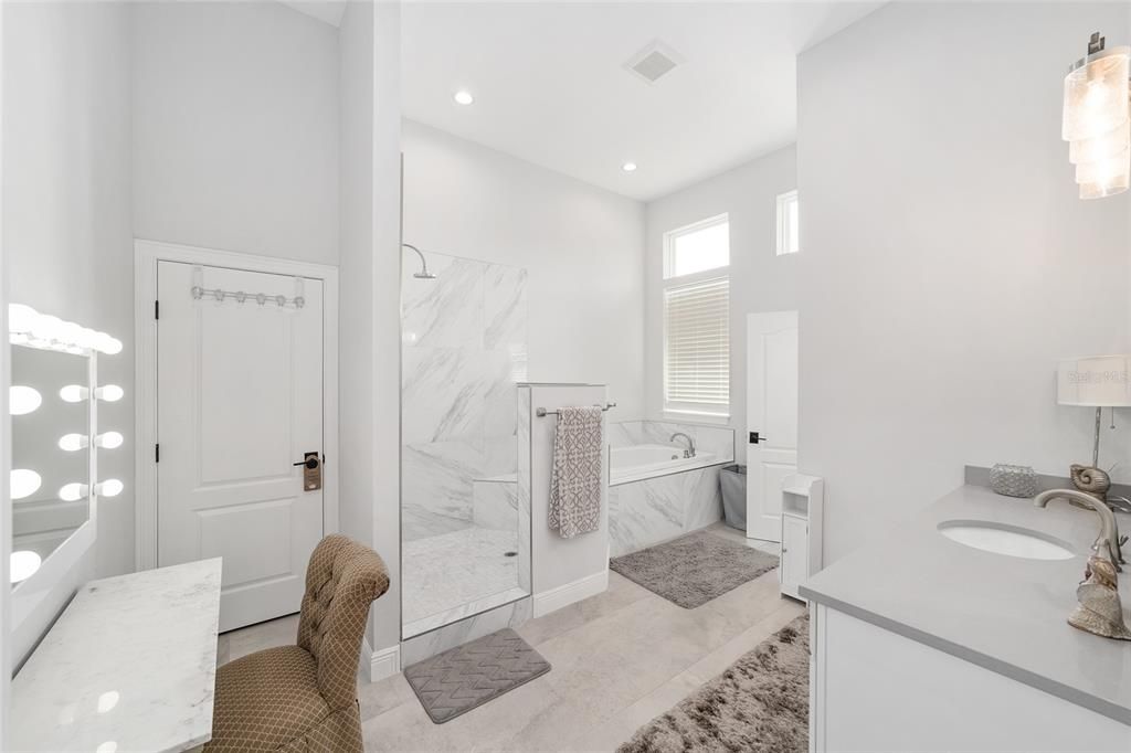 Bathroom, Glass Shower, Interior, Marble Walls, Recessed Lighting