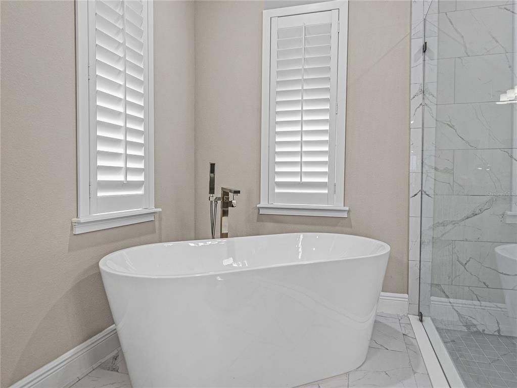 Bathroom, Free Standing Baths, Glass Shower, Interior, Marble, Marble Walls