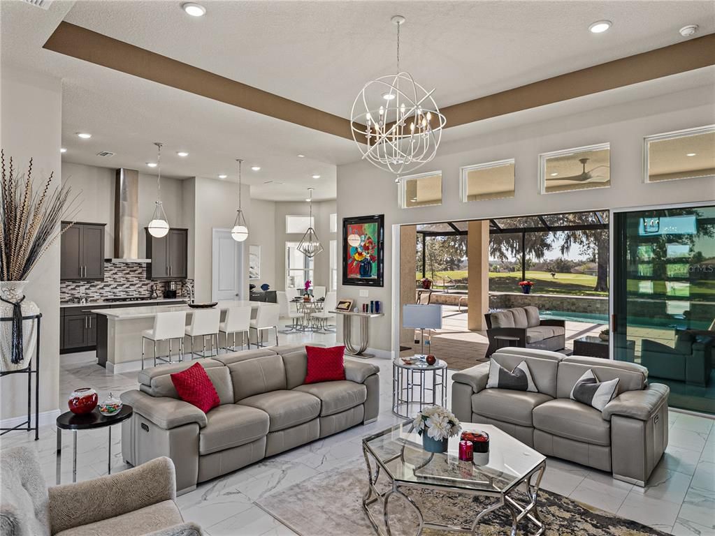 Dining room, Interior, Kitchen, Living room, Marble, Pendant Lights, Recessed Lighting