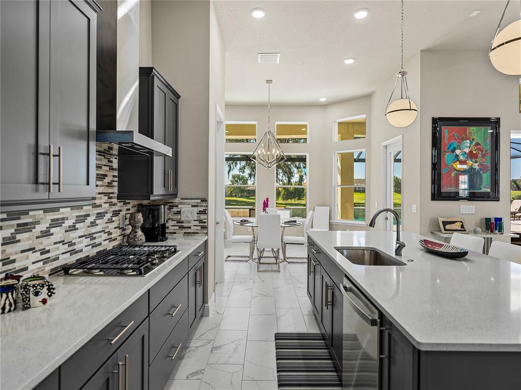 Dining room, Interior, Kitchen, Marble, Pendant Lights, Recessed Lighting
