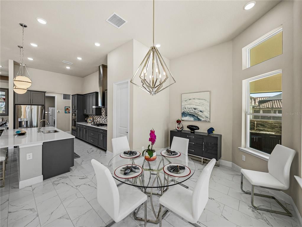 Dining room, Interior, Kitchen, Marble, Pendant Lights, Recessed Lighting, Stainless Steel Appliances