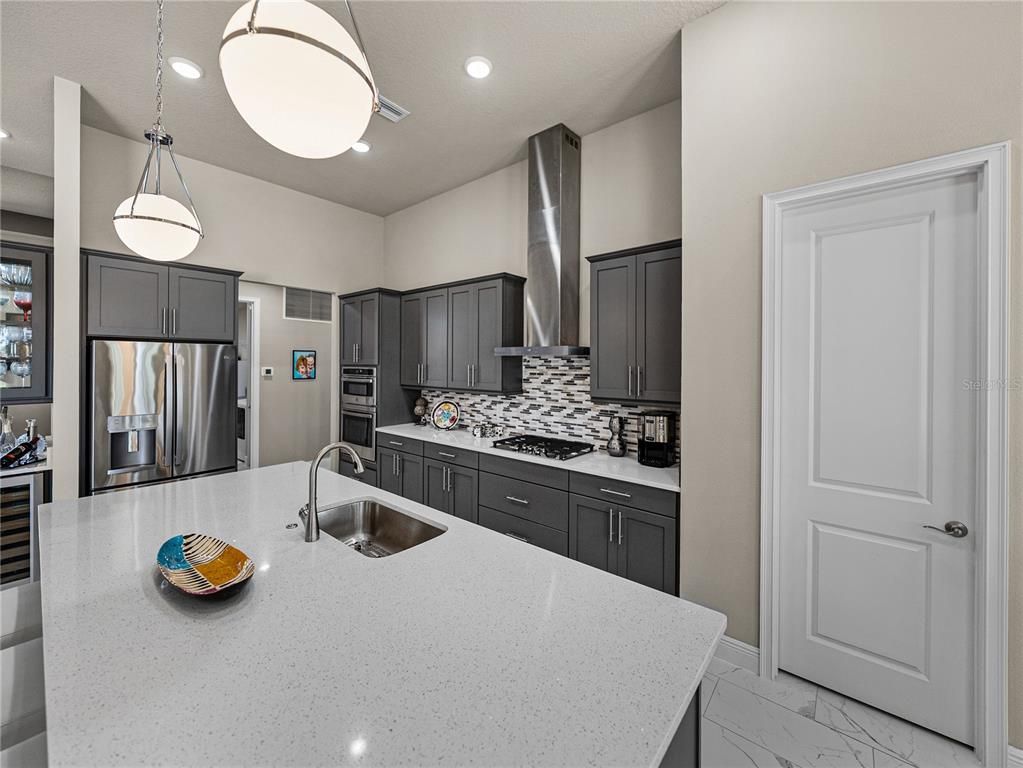Interior, Kitchen, Marble, Pendant Lights, Recessed Lighting, Stainless Steel Appliances