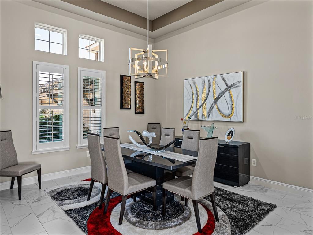 Dining room, Interior, Marble, Pendant Lights