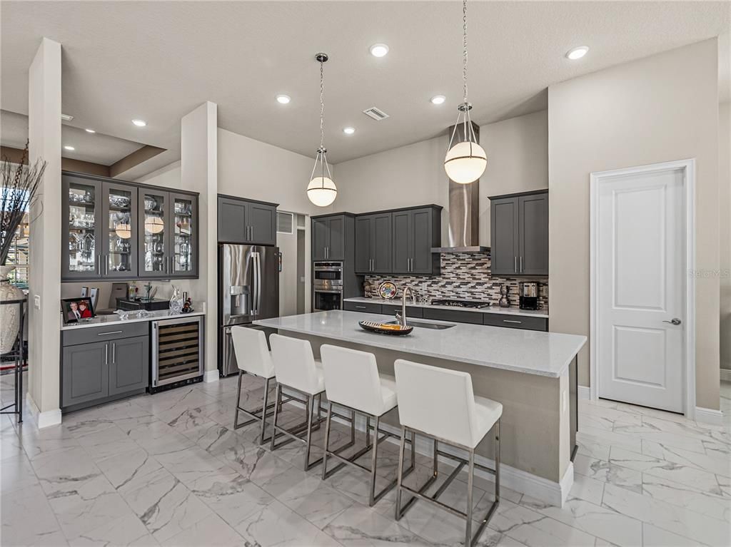 Interior, Kitchen, Marble, Pendant Lights, Recessed Lighting, Stainless Steel Appliances