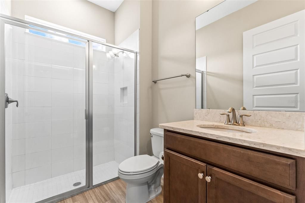 Bathroom, Glass Shower, Interior, Wood Texture Flooring