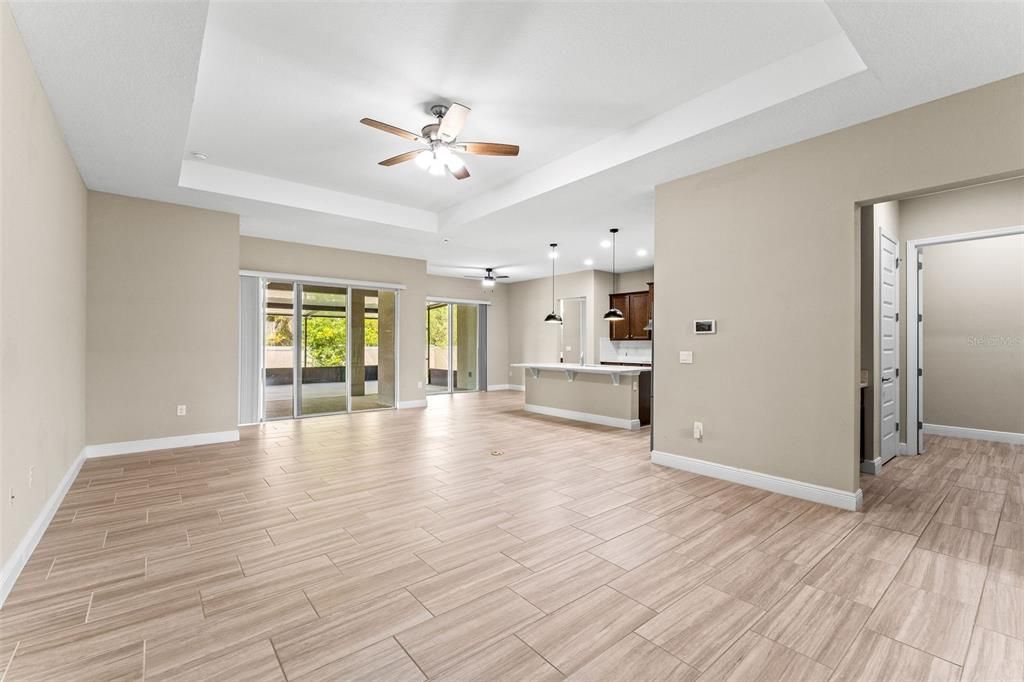 Empty room, Interior, Kitchen, Pendant Lights, Recessed Lighting, Wood Texture Flooring