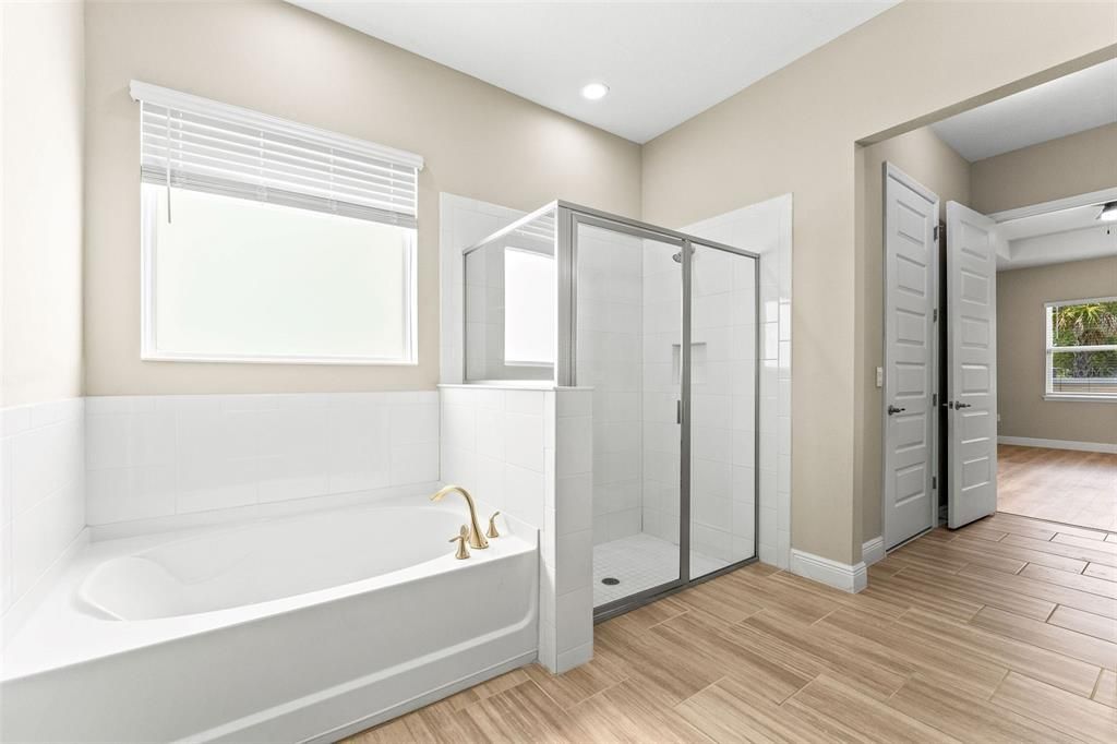 Bathroom, Glass Shower, Interior, Recessed Lighting, Wood Texture Flooring