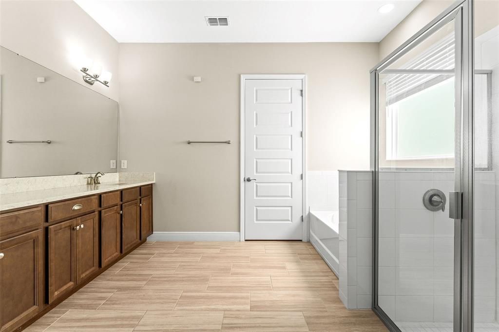 Bathroom, Glass Shower, Interior, Wood Texture Flooring