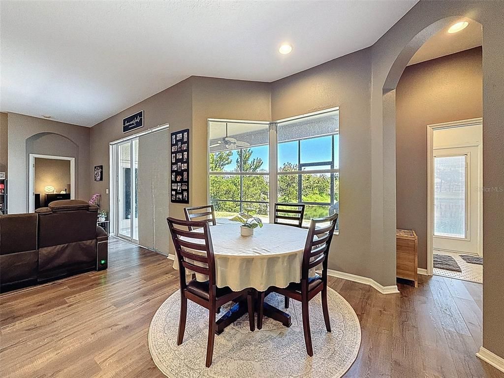 Dining room, Interior, Recessed Lighting, Wood Texture Flooring