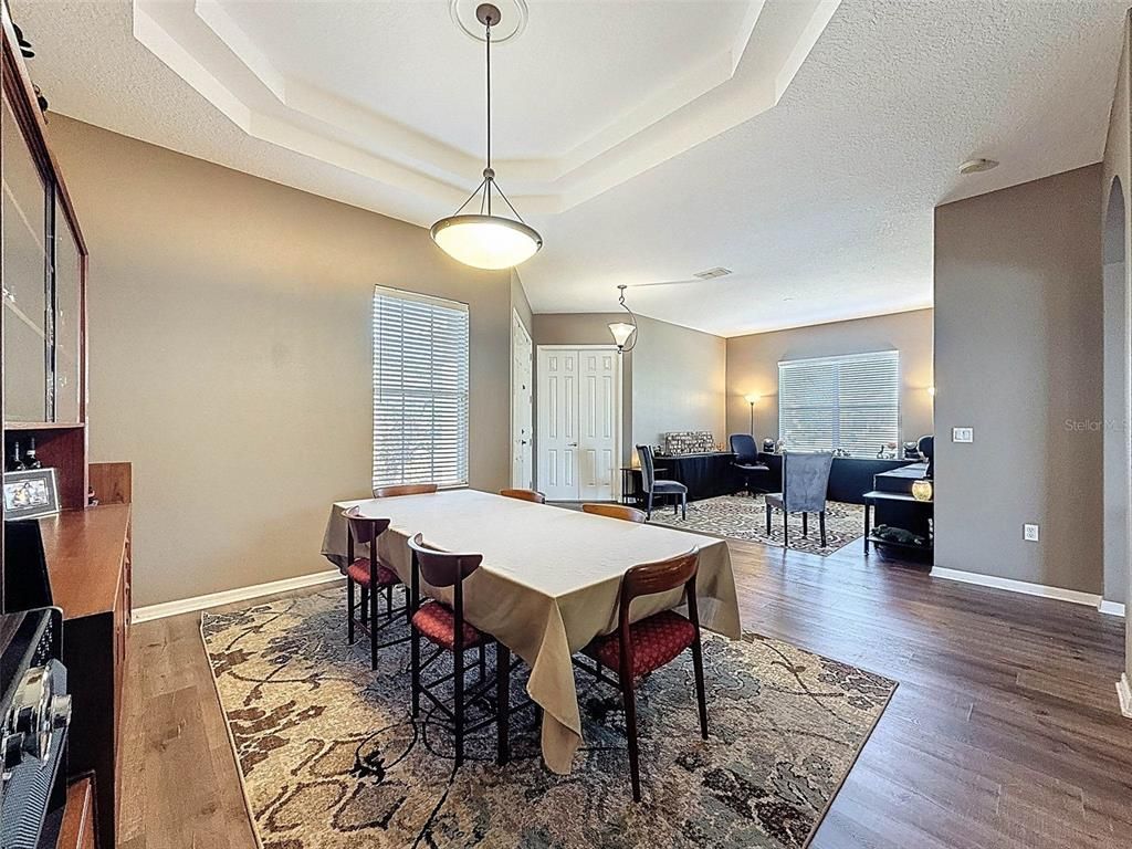 Dining room, Interior, Living room, Pendant Lights, Wood Texture Flooring
