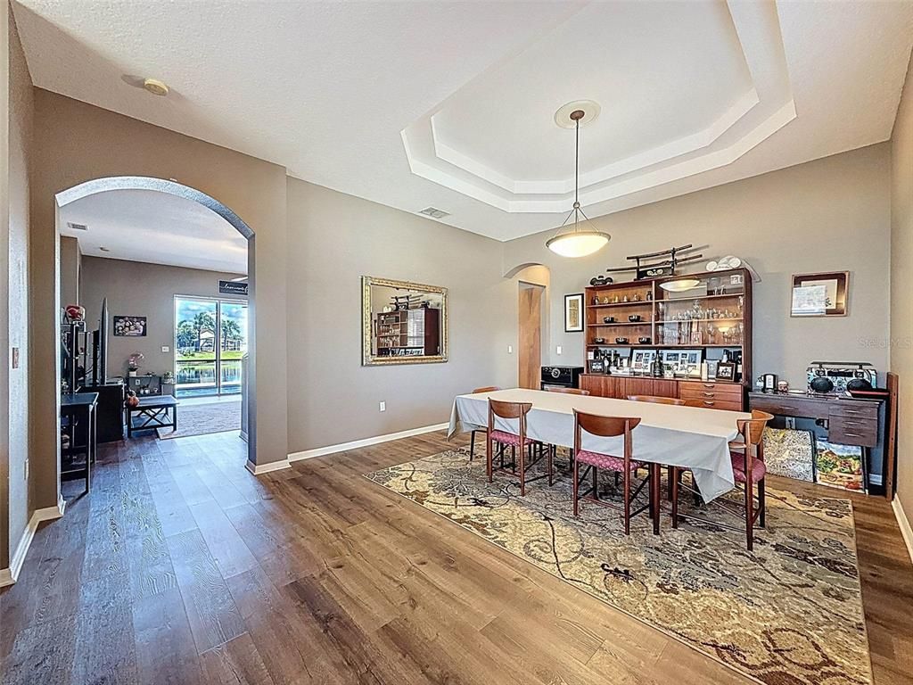Dining room, Interior, Pendant Lights, Wood Texture Flooring