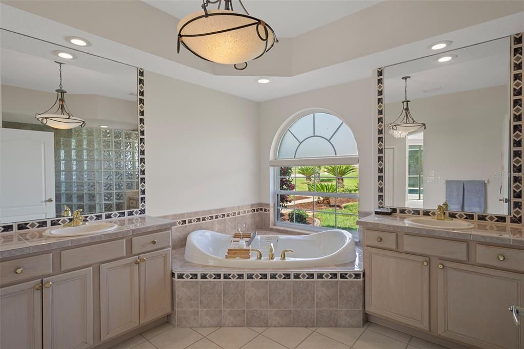 Bathroom, Dual Sink Vanities, Interior, Pendant Lights, Recessed Lighting, Tile Countertops