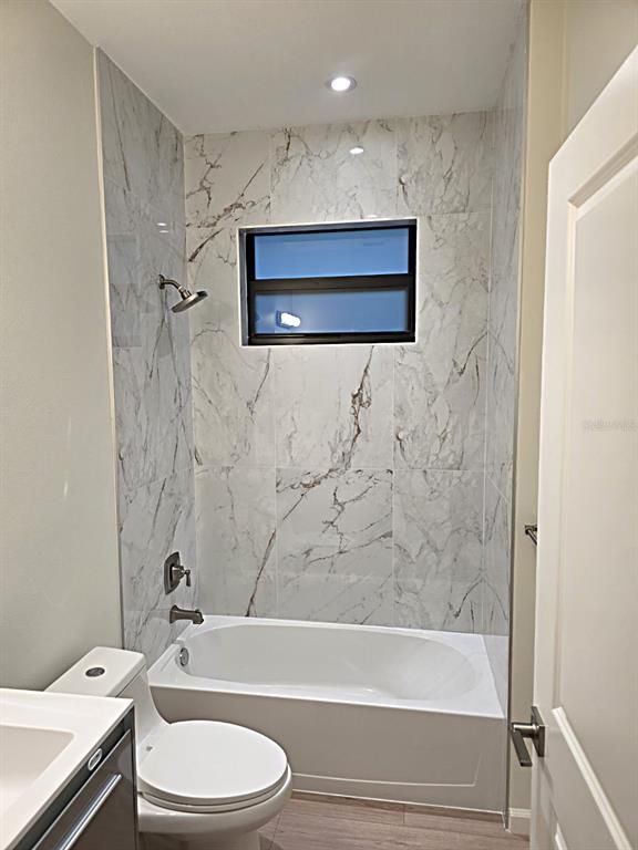 Bathroom, Interior, Marble Walls, Recessed Lighting, Wood Texture Flooring