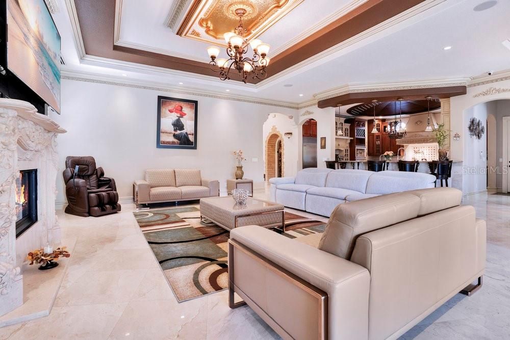 Chandelier, Fireplace, Interior, Kitchen, Living room, Pendant Lights, Recessed Lighting