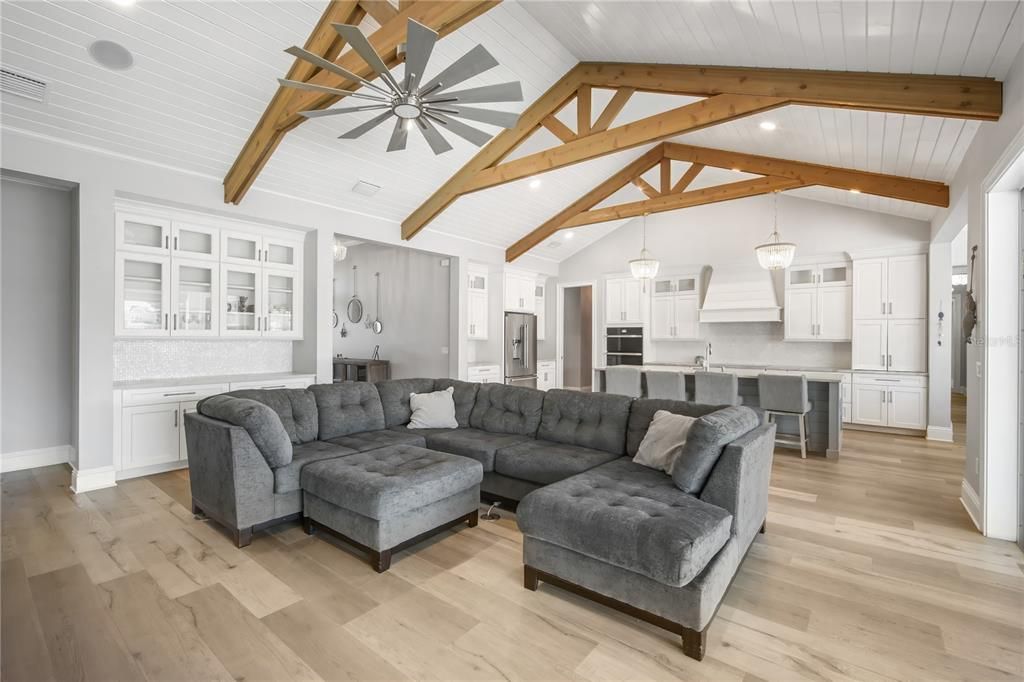 Interior, Kitchen, Living room, Pendant Lights, Recessed Lighting, Stainless Steel Appliances, Wooden Beams, Wood Texture Flooring