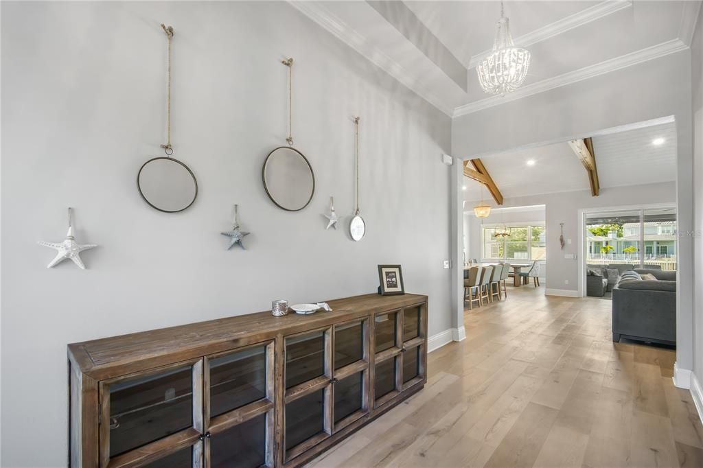 Chandelier, Dining room, Interior, Pendant Lights, Wooden Beams, Wood Texture Flooring