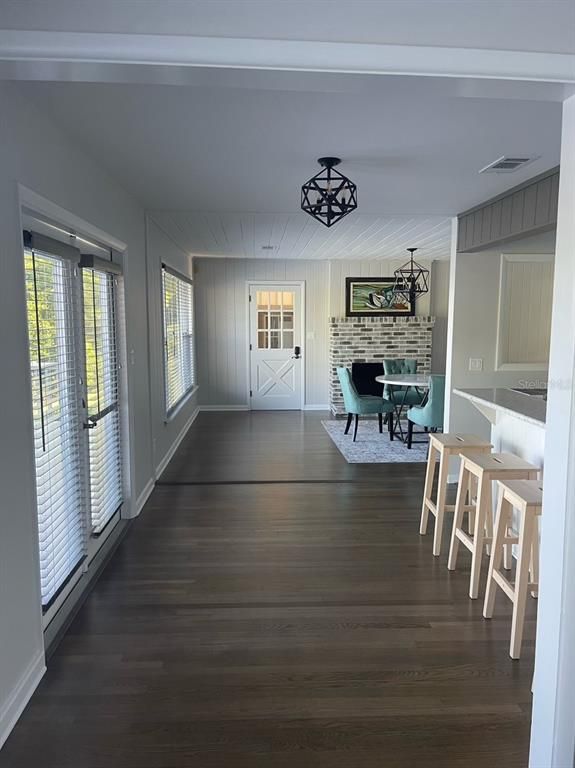 Dining room, Interior, Stone Walls, Wood Texture Flooring