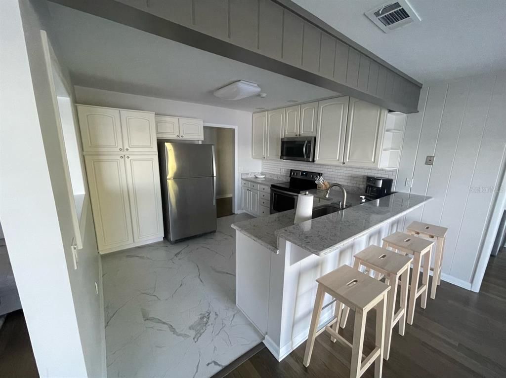 Interior, Kitchen, Marble, Stainless Steel Appliances, Wood Texture Flooring