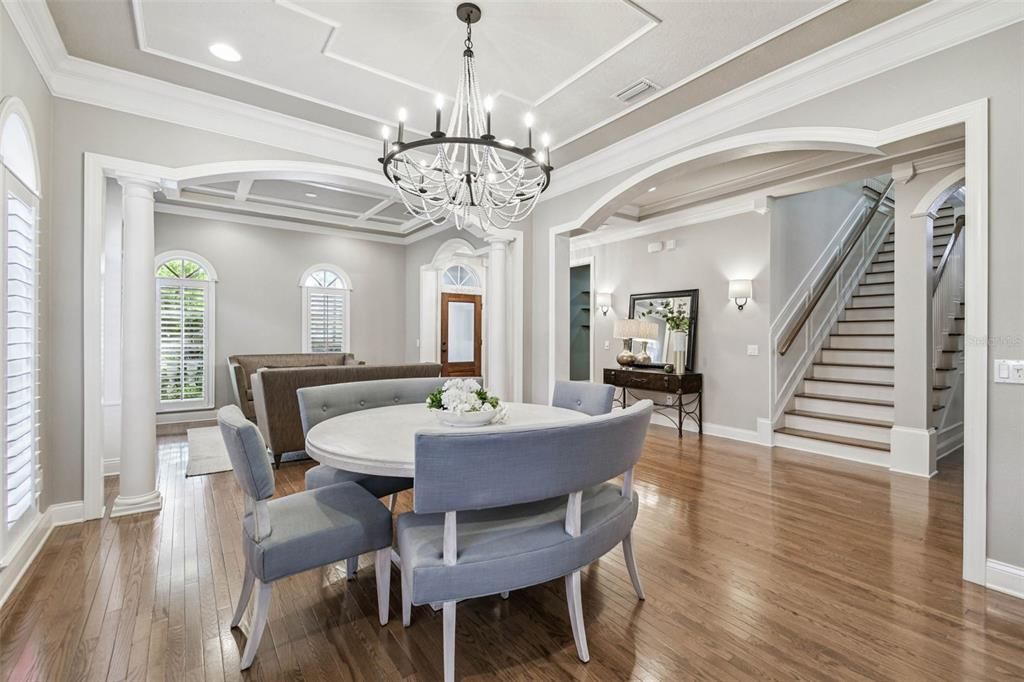 Chandelier, Dining room, Interior, Recessed Lighting, Wood Texture Flooring