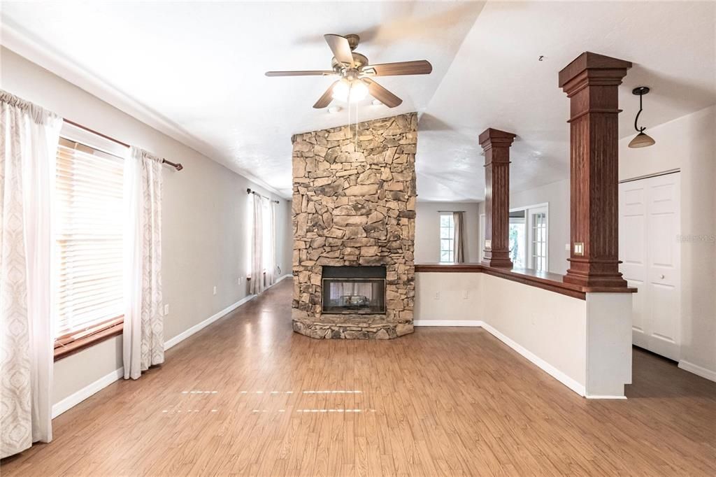 Empty room, Fireplace, Interior, Pendant Lights, Wood Texture Flooring