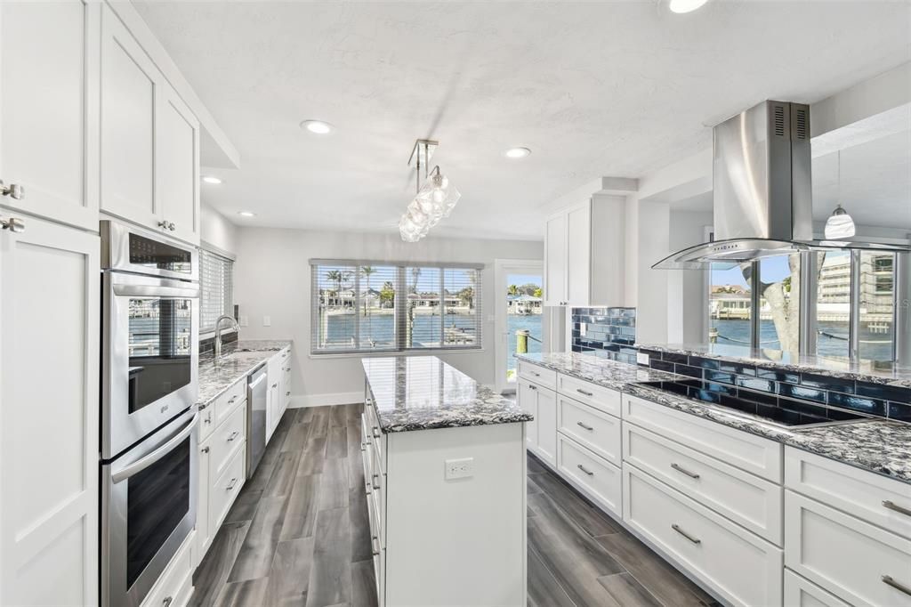 Interior, Kitchen, Pendant Lights, Recessed Lighting, Stainless Steel Appliances, Water, Wood Texture Flooring