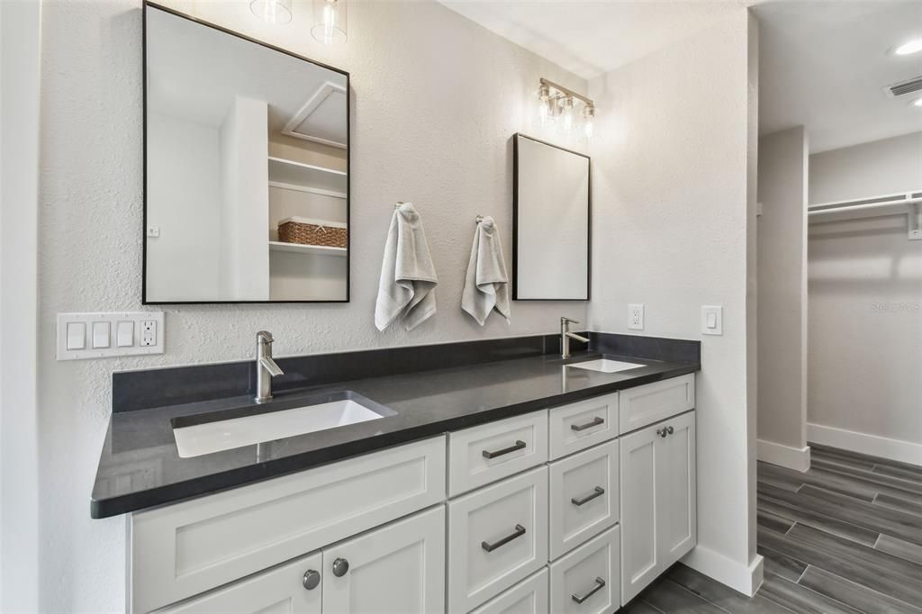 Bathroom, Dual Sink Vanities, Interior, Recessed Lighting, Wood Texture Flooring
