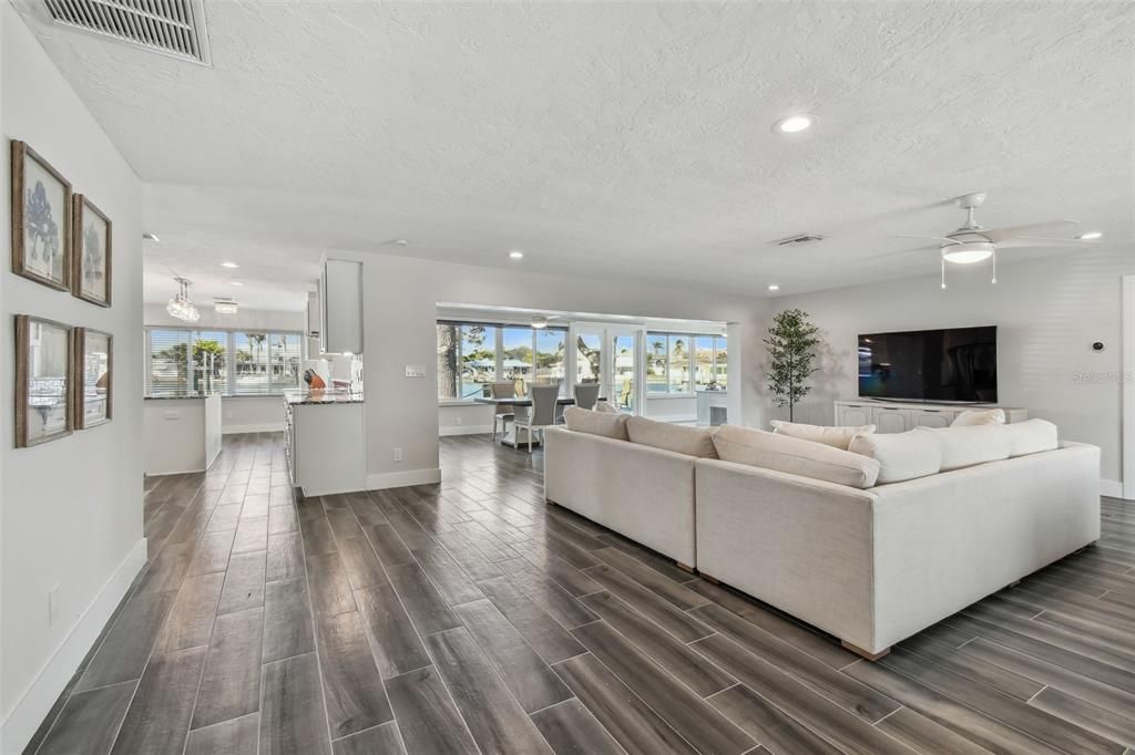 Dining room, Interior, Kitchen, Living room, Recessed Lighting, Wood Texture Flooring